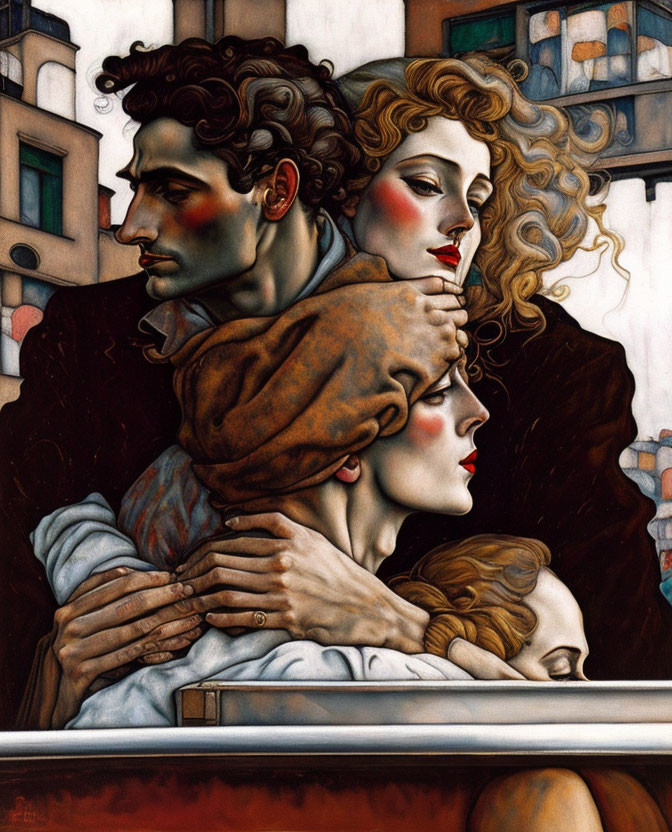 Stylized group embracing with cityscape background, cheekbones & curly hair.