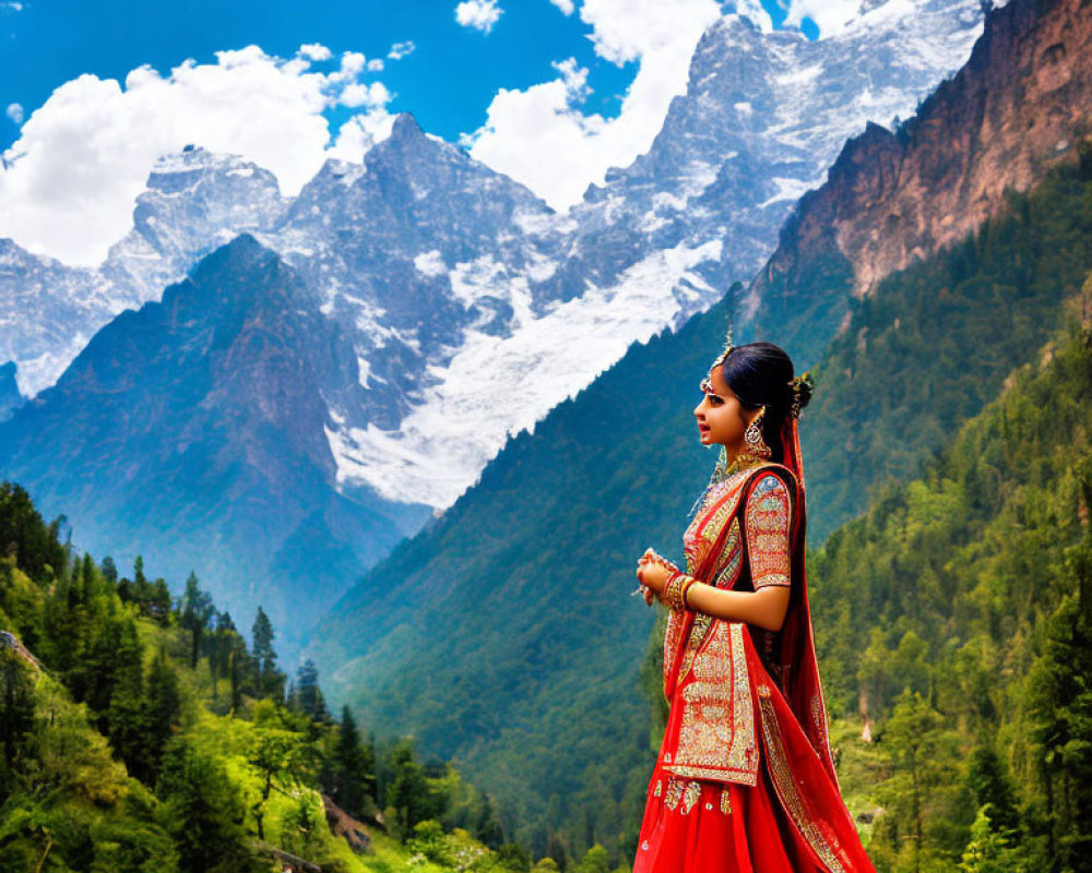 Woman in Red Traditional Dress in Green Valley with Snow-Capped Mountains