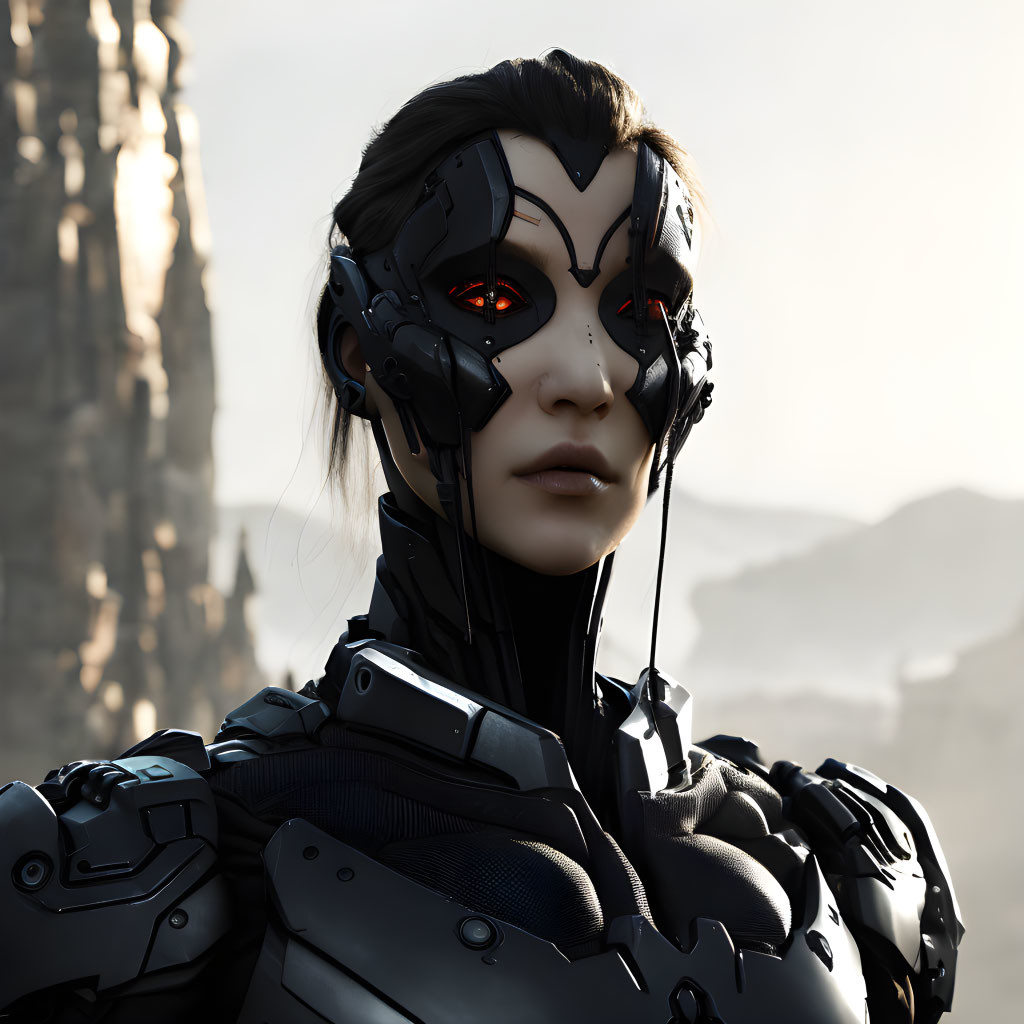Female Cyborg in Black Armor on Desolate Landscape