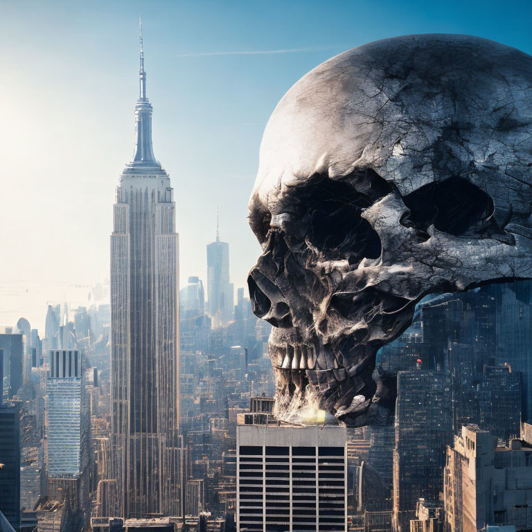 Giant skull over cityscape with Empire State Building, blue sky