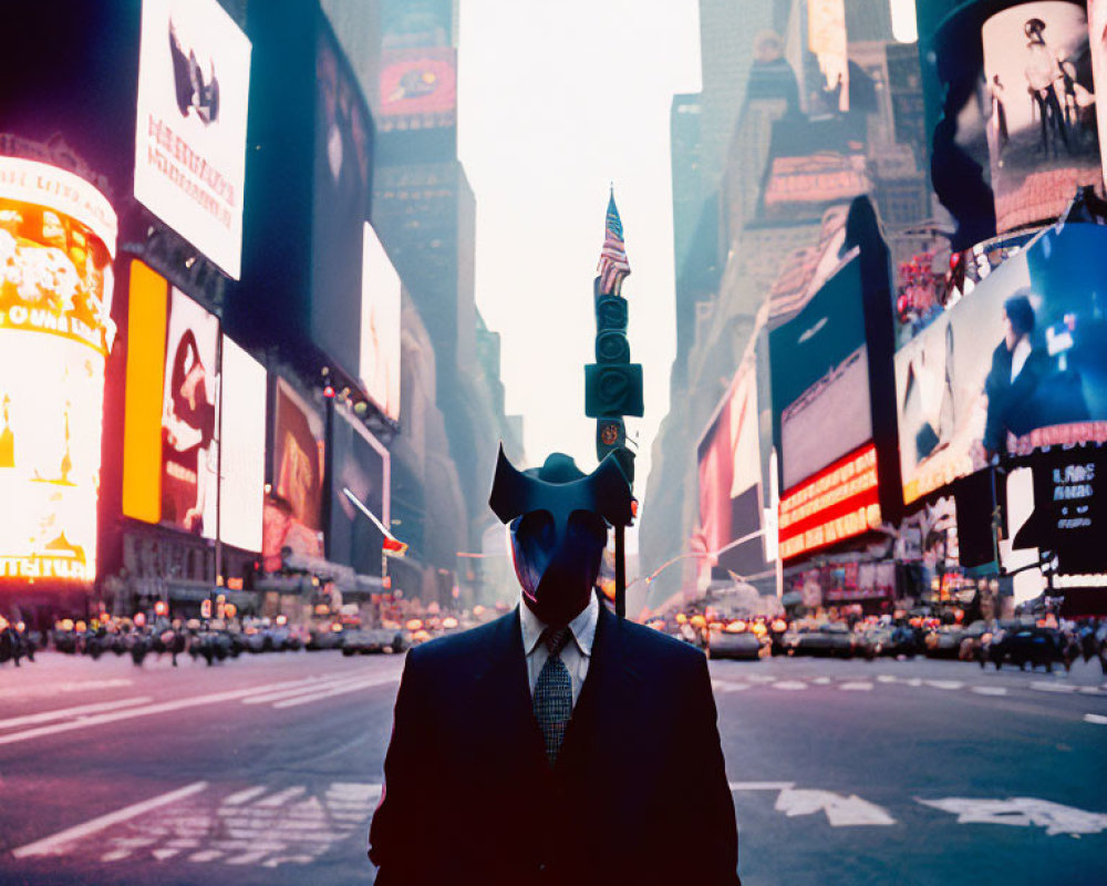 Person in Suit with Horse Head Mask in Times Square Amid Vibrant Billboards
