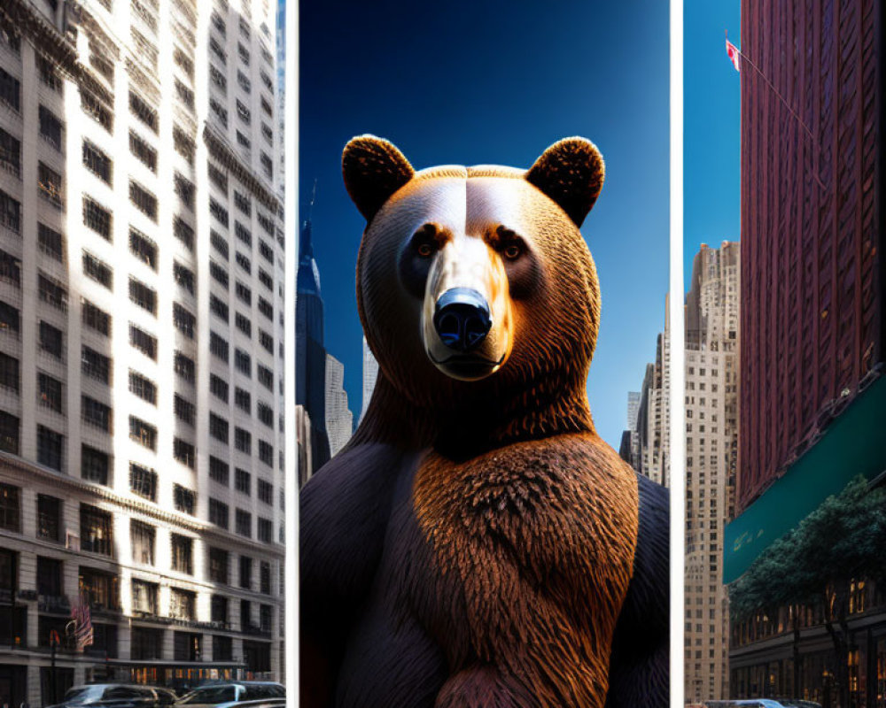 Hyper-realistic bear billboard dominates city street.