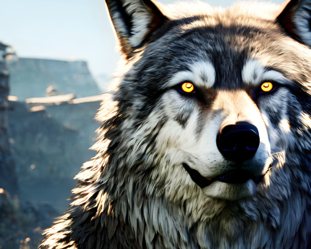 Detailed 3D-rendered wolf with yellow eyes against natural cliffs.