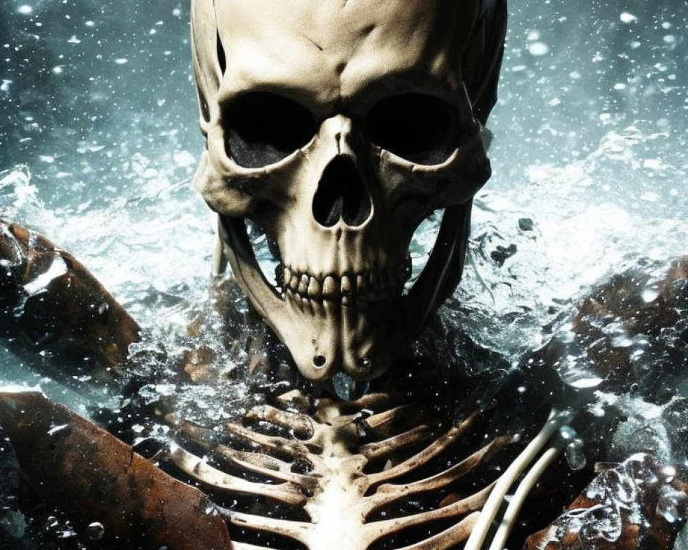 Skeleton submerged in water with dynamic splashes: Creepy and dramatic scene