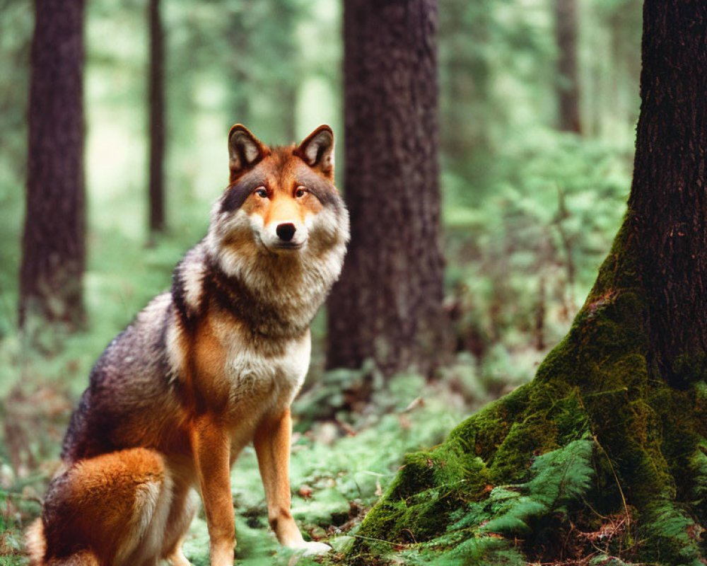 Alert wolf in lush forest with tall trees and moss-covered ground