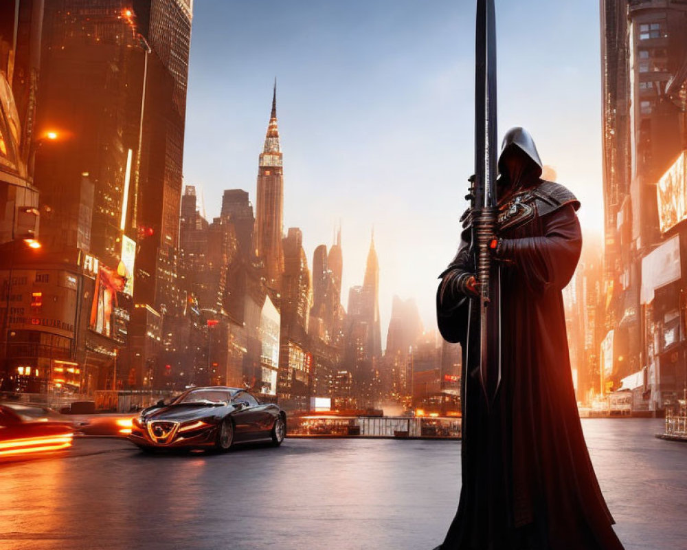 Cloaked figure with large sword in futuristic cityscape at dusk