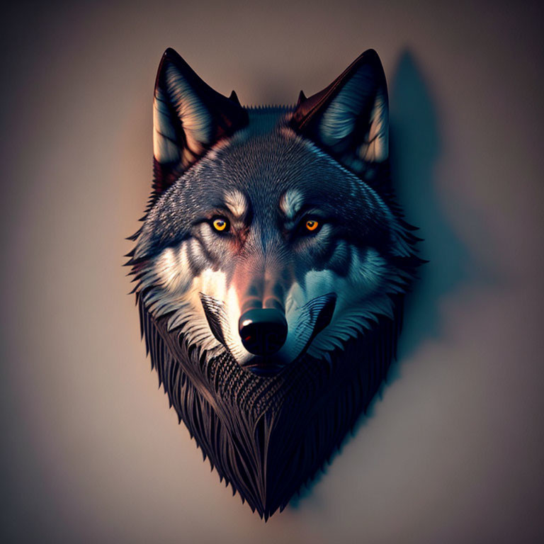 Detailed 3D wolf head art against shadowed backdrop