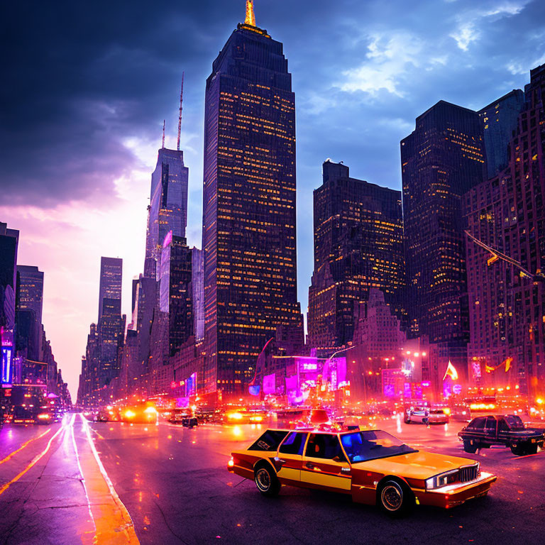 Illuminated cityscape at dusk with yellow cab and colorful sky