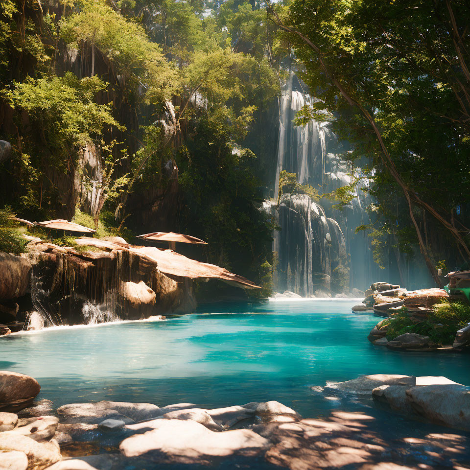 Tranquil Waterfall Flowing into Blue Lagoon