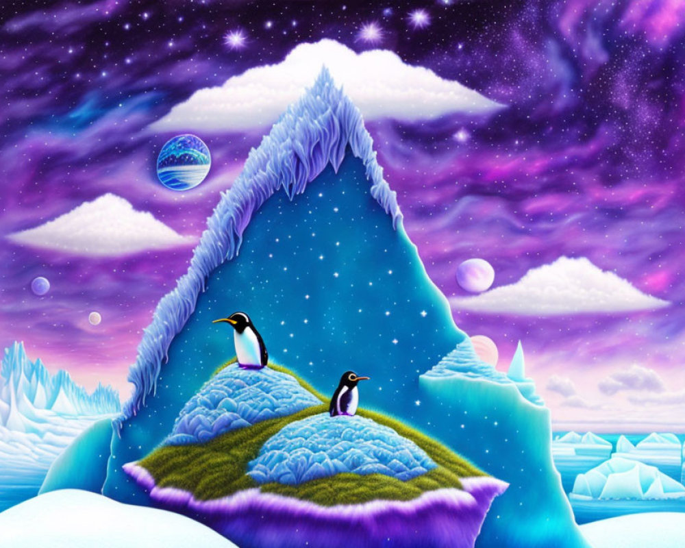 Two penguins in vibrant cosmic landscape with starry sky and snow-covered mountain