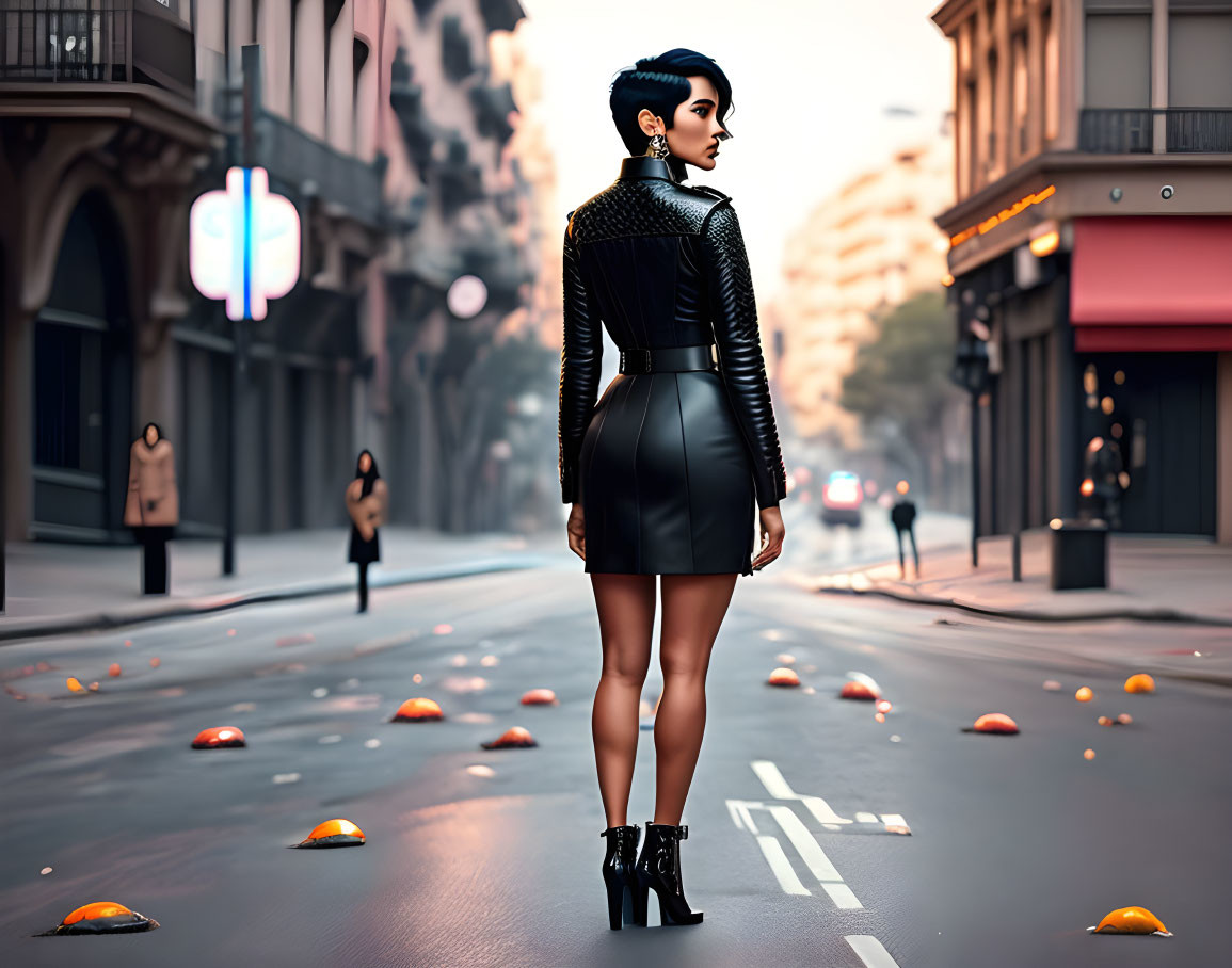 Stylish person with bold haircut on deserted city street with oranges and neon signs