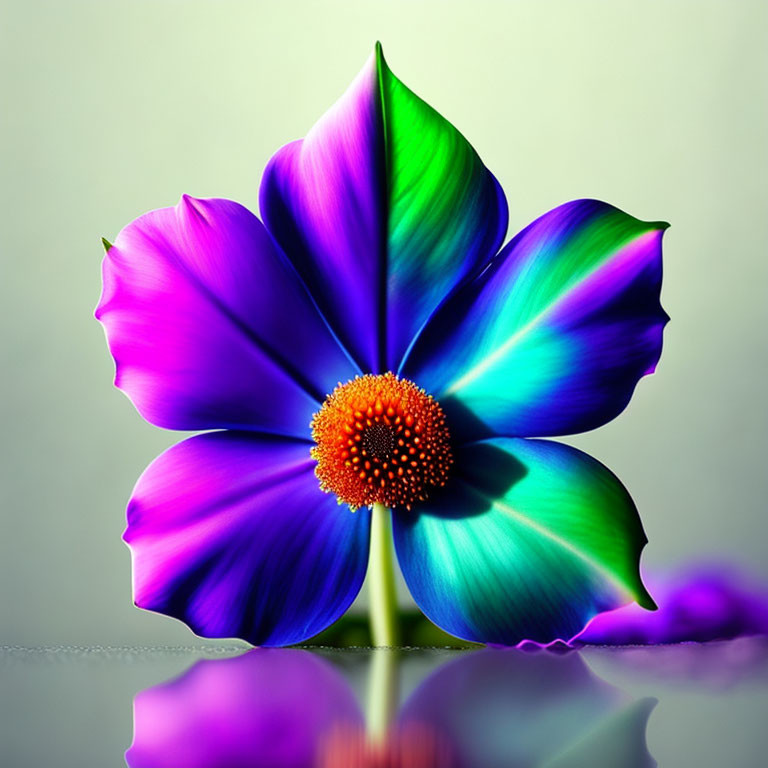 Colorful digitally enhanced flower with purple and blue petals and orange center on reflective surface