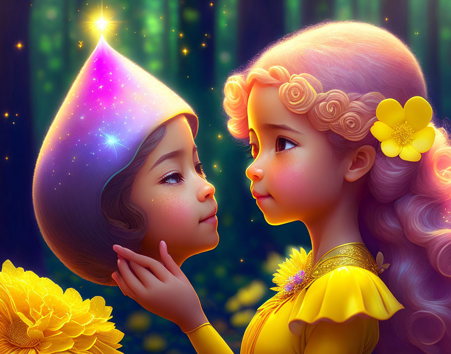Animated children in glowing forest with flowers
