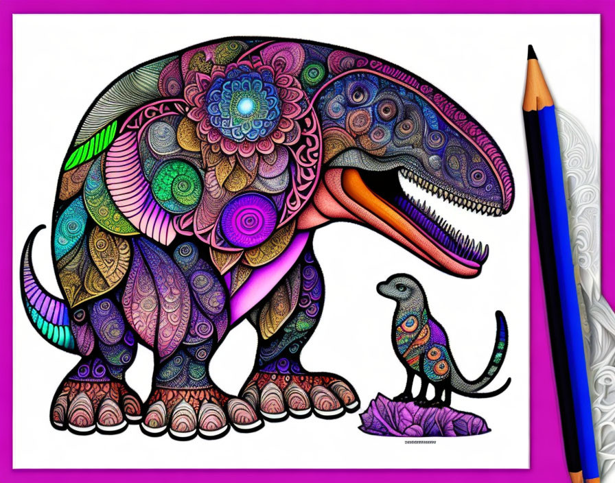 Colorful dinosaur illustration with intricate patterns on white background.