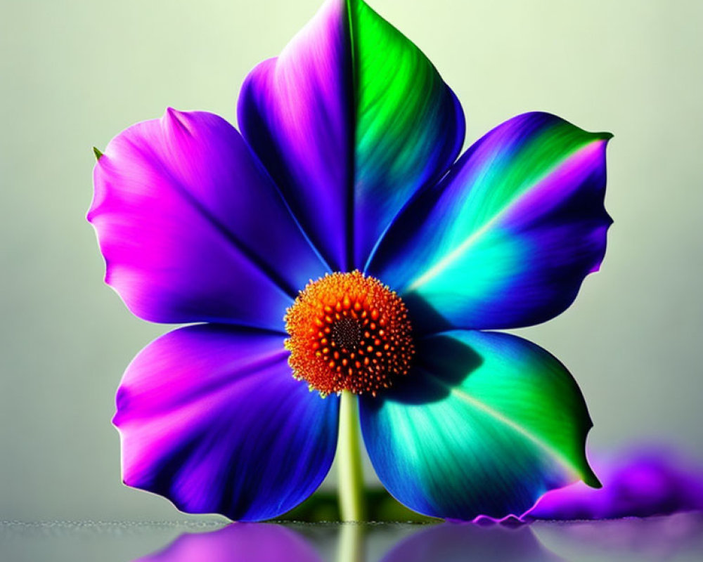 Colorful digitally enhanced flower with purple and blue petals and orange center on reflective surface