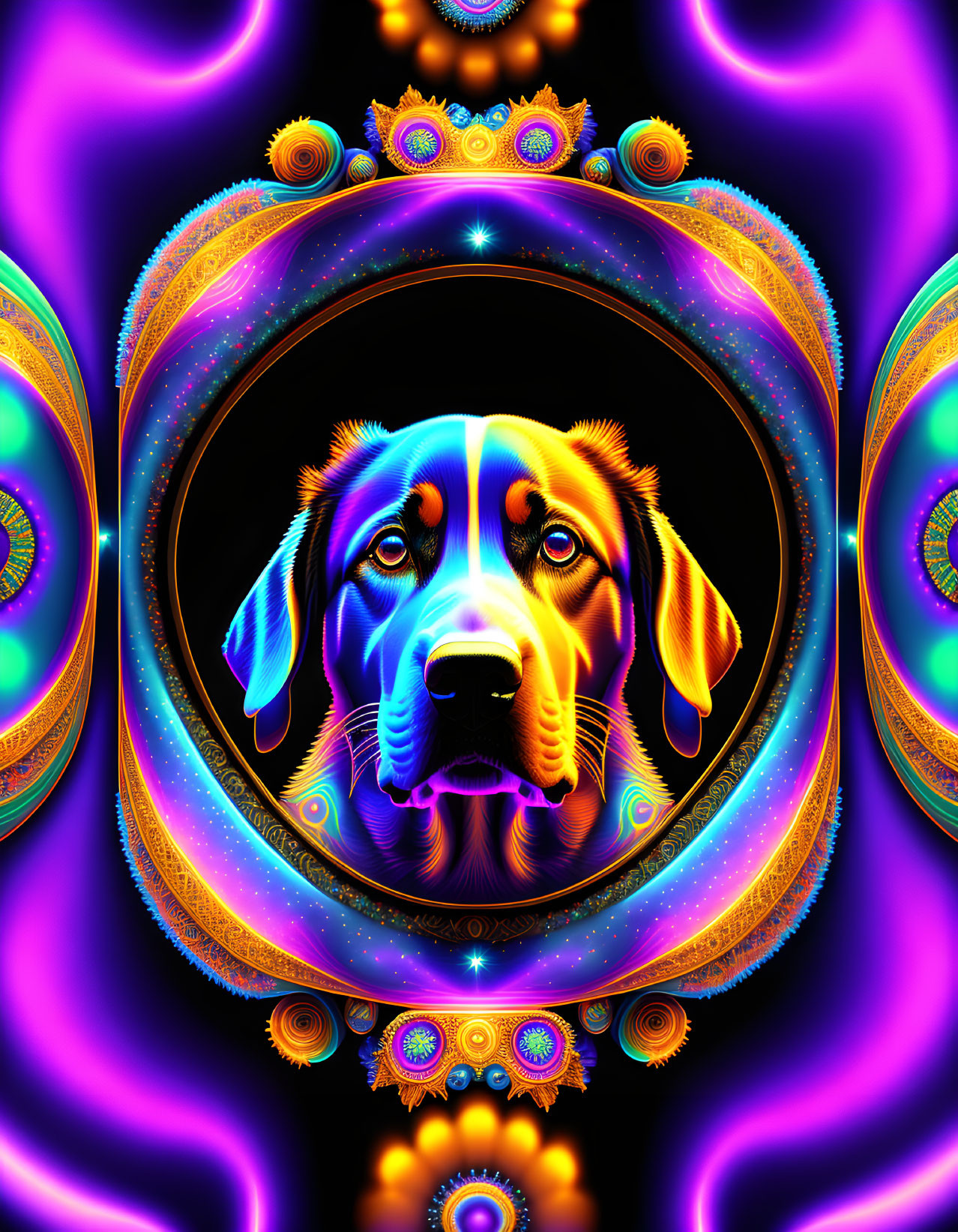 Colorful Fractal Artwork with Stylized Dog Face in Neon Tones