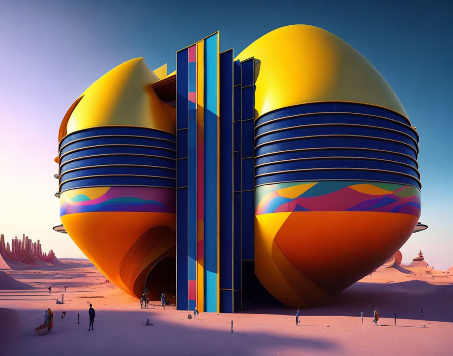 Colorful shell-like futuristic building in desert landscape with people and dunes