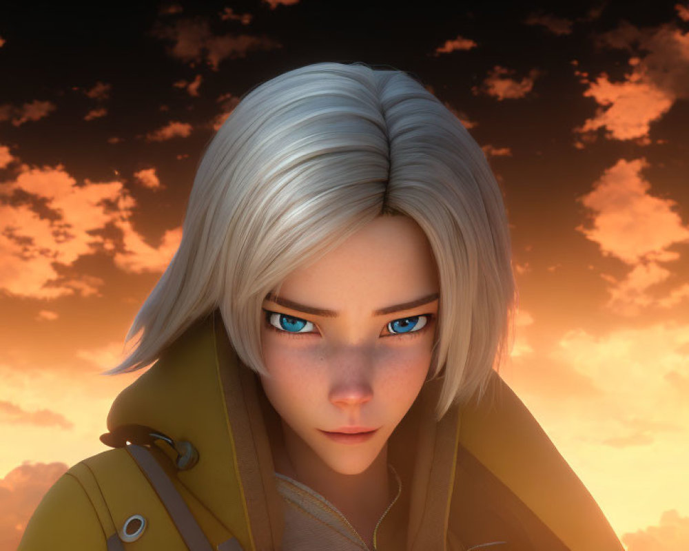 White-Haired Female Character in Yellow Jacket with Blue Eyes on Cloudy Sunset Background