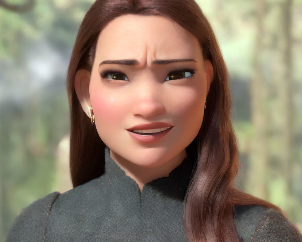 3D animated female character with brown hair and golden earrings in skeptical pose