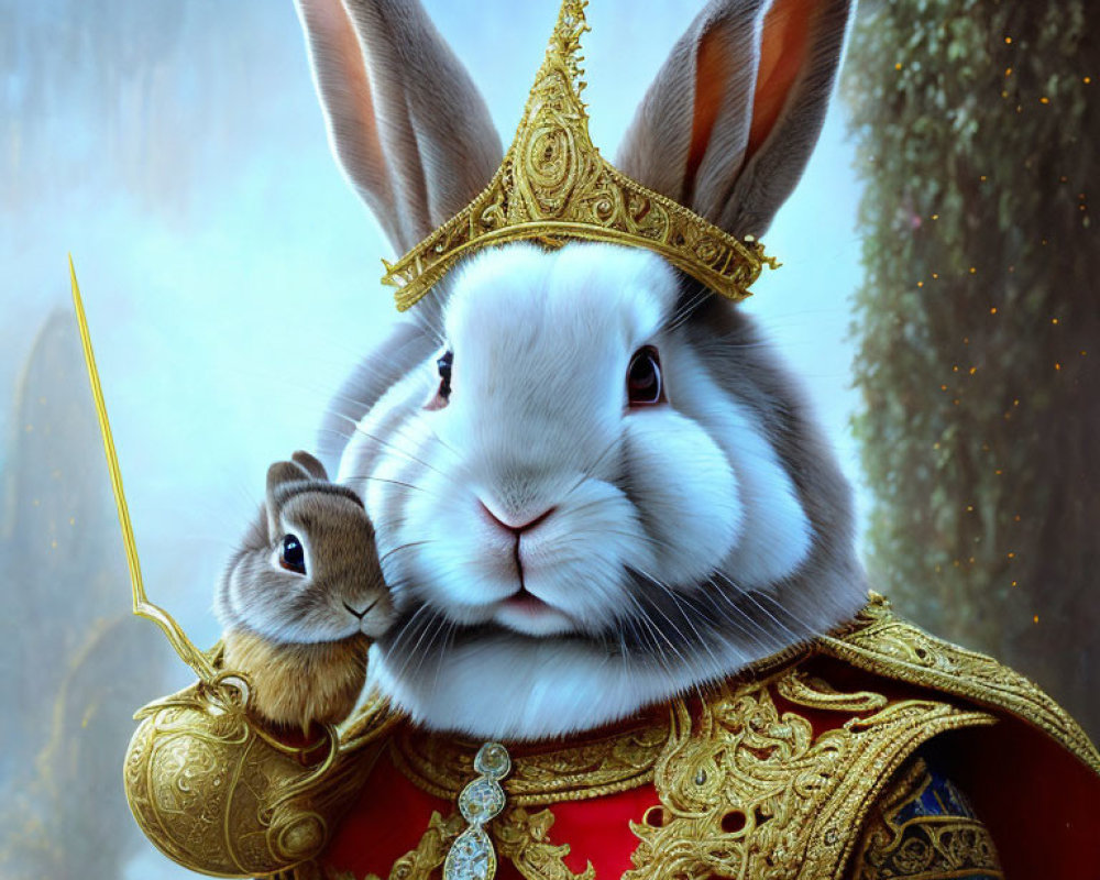 Regal anthropomorphic rabbit in royal attire with crown and sword, accompanied by smaller rabbit