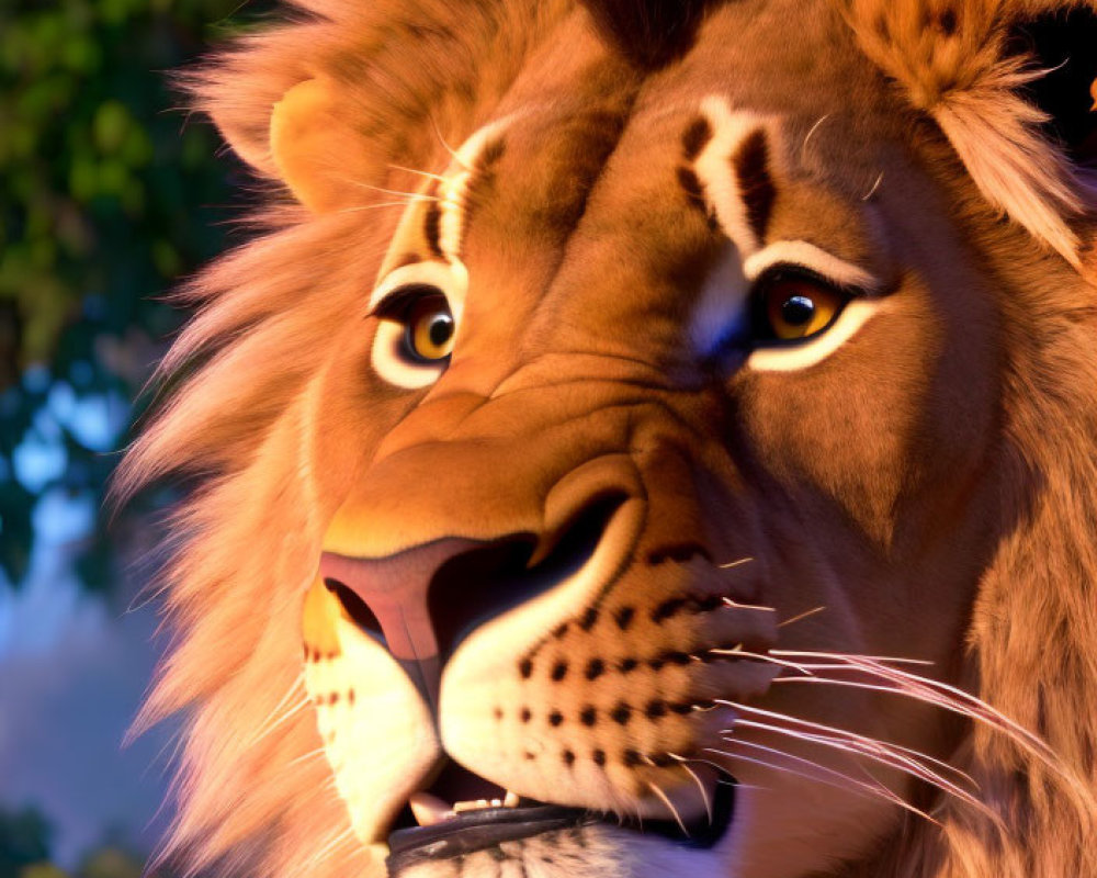 Detailed animated lion with full mane and amber eyes on softly lit background.