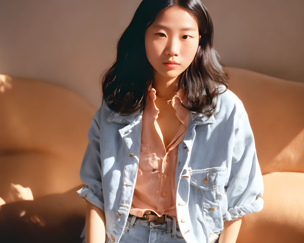 Woman with Shoulder-Length Hair in Light Blue Shirt Sitting in Sunlight