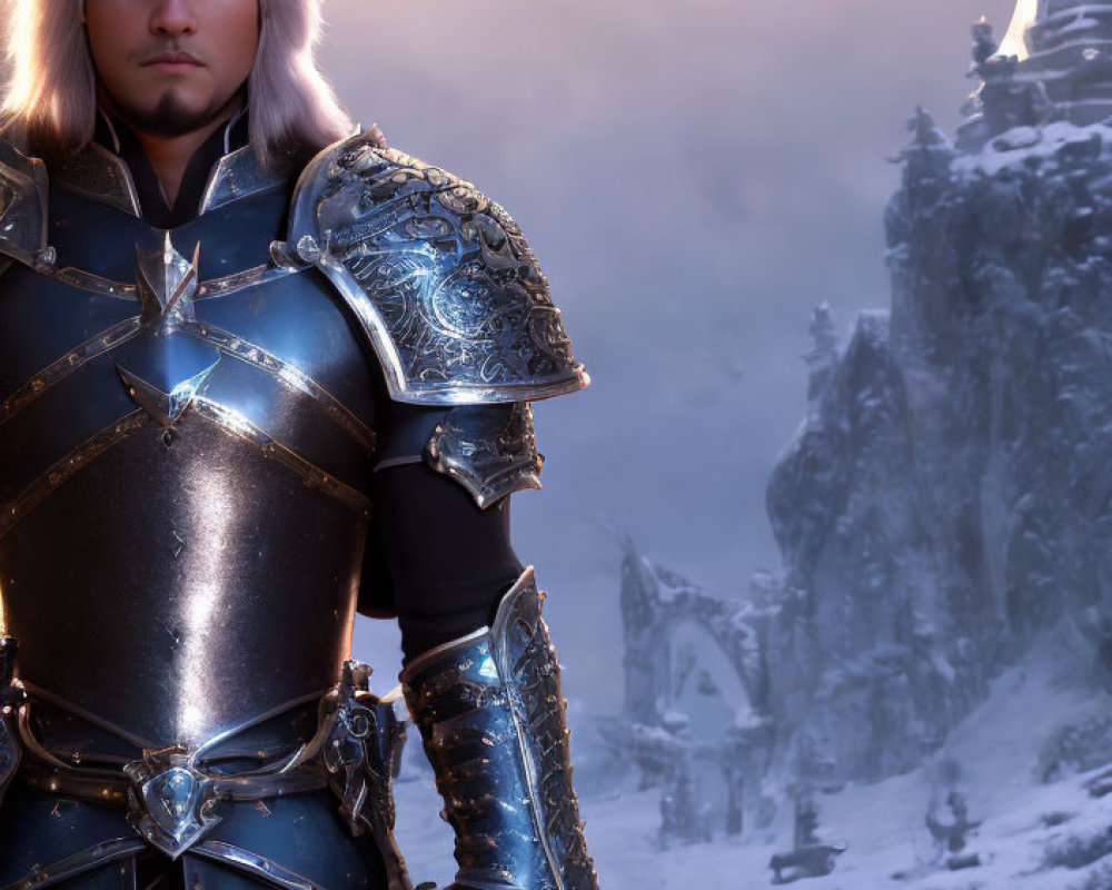 Knight in ornate armor against snowy mountain backdrop and distant castle.