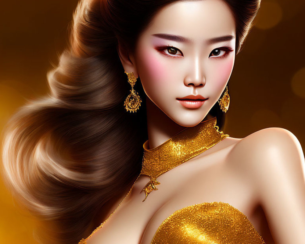 Digital Illustration: Woman in Gold Attire on Golden Background