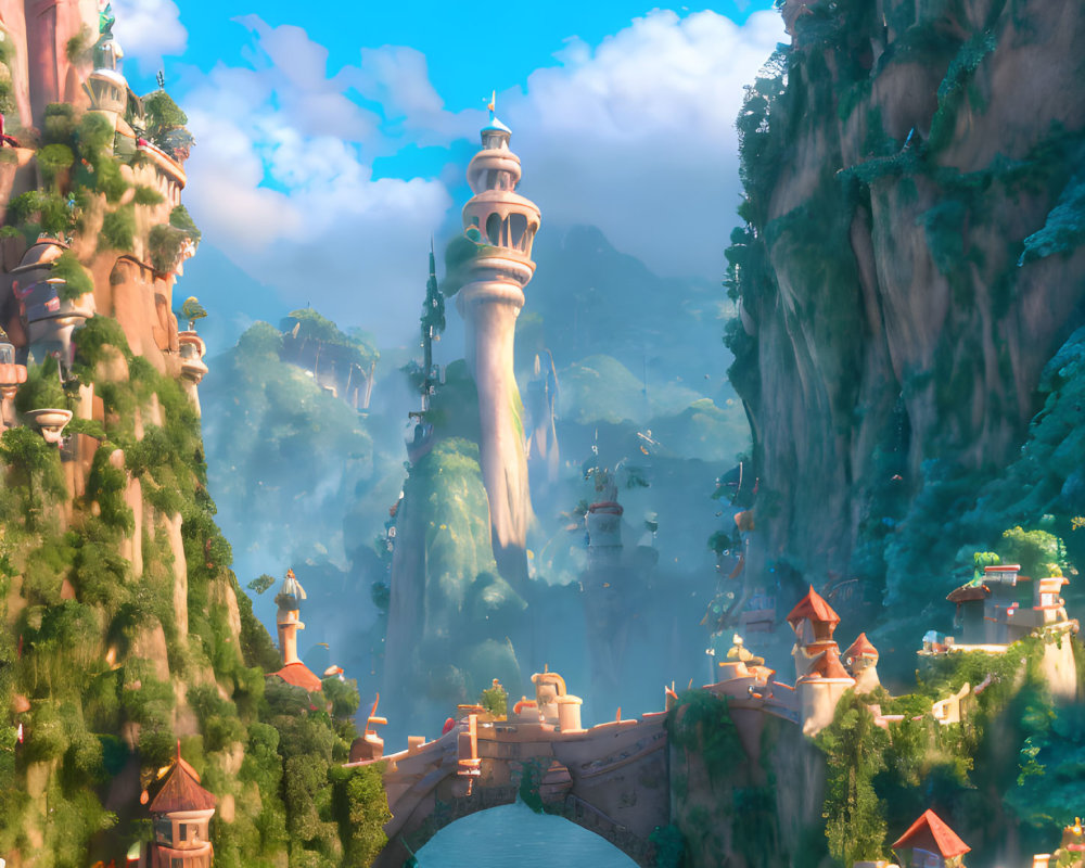 Fantastical landscape with grand tower, floating islands, lush greenery, waterfalls, and whims