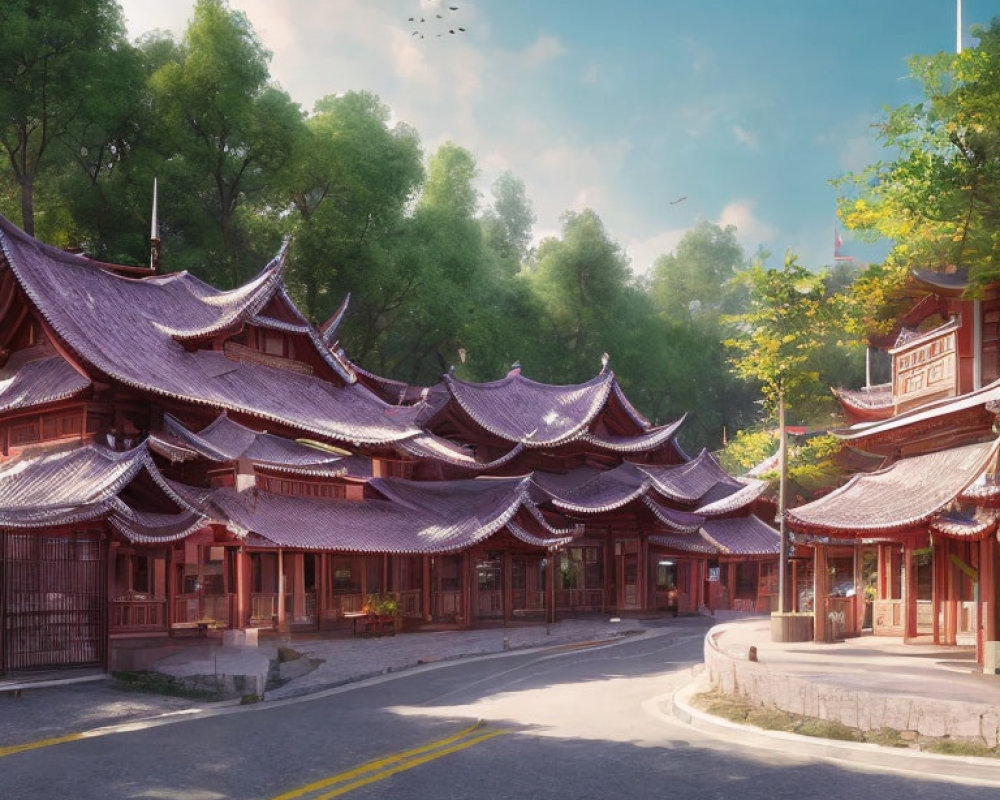 Traditional Asian architecture on sunlit street with lush greenery