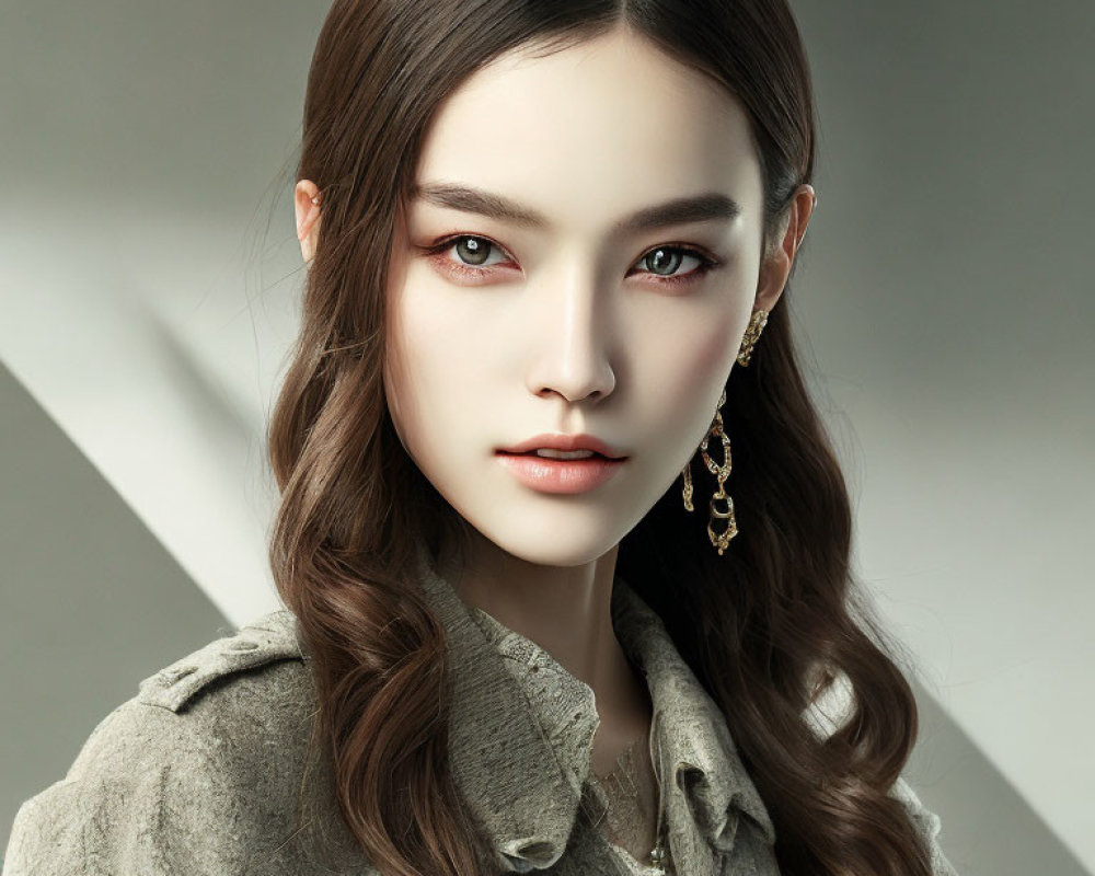 Digital artwork of a woman with long brown hair and green eyes in khaki attire with gold earrings on