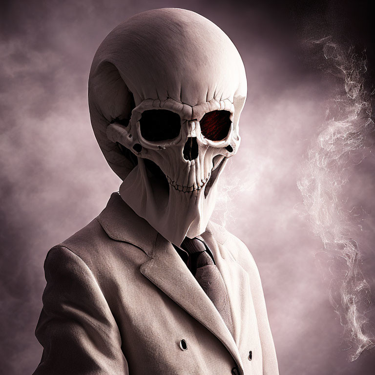 Skull mask person in suit with glowing red eyes on dark purple background