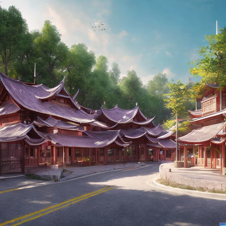 Traditional Asian architecture on sunlit street with lush greenery