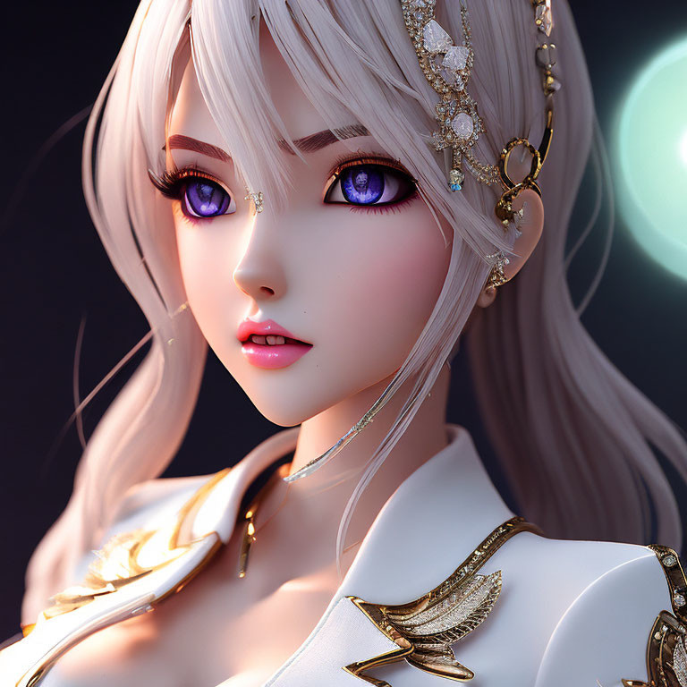 Close-up of 3D-rendered female character with purple eyes, white hair, and gold jewelry