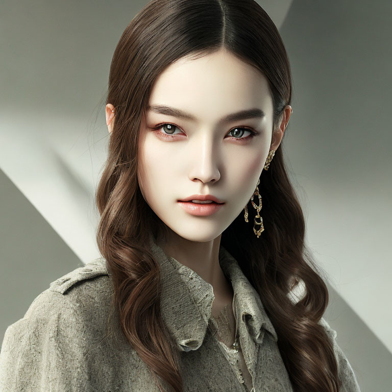 Digital artwork of a woman with long brown hair and green eyes in khaki attire with gold earrings on