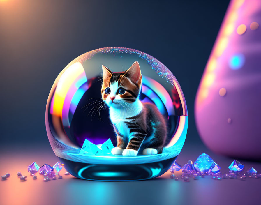 Kitten in bubble with crystals and soft lighting