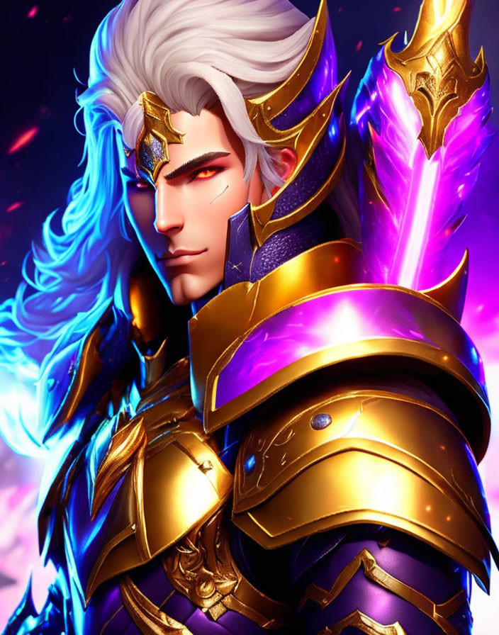 White-Haired Character in Golden Armor with Pink Sword on Vibrant Background