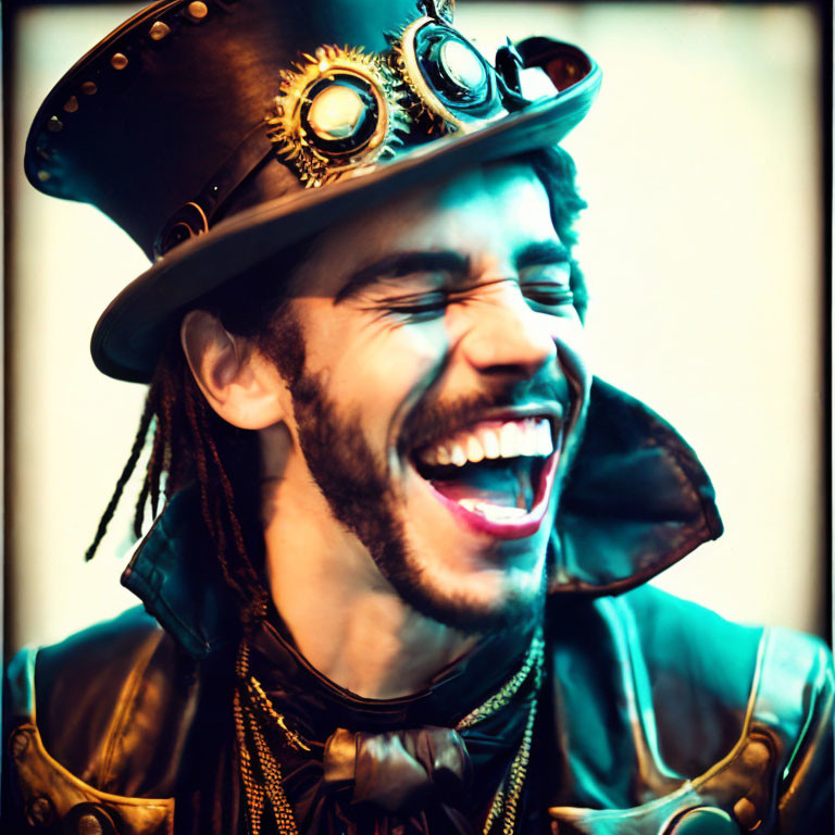 Man in steampunk attire with top hat and goggles laughing.