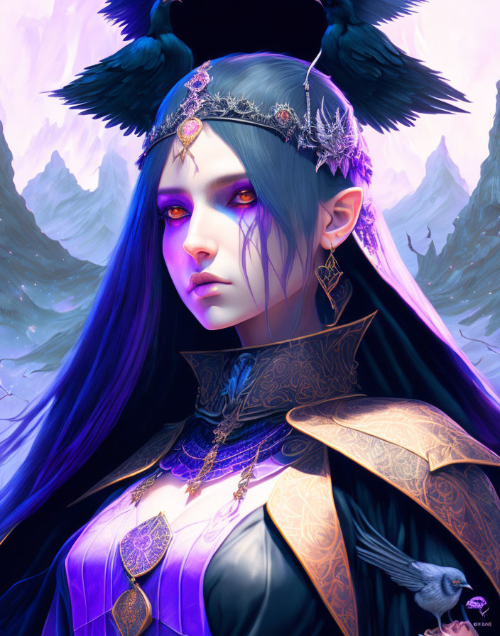 Fantasy Artwork: Woman with Purple Skin and Raven Crown