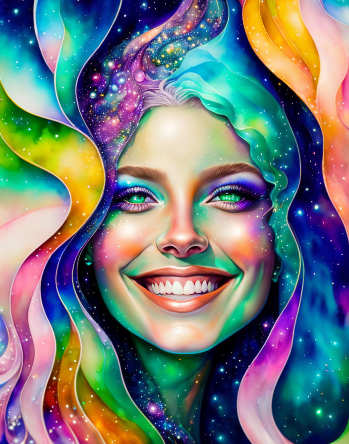 Colorful digital artwork: Smiling woman with flowing hair in cosmic patterns