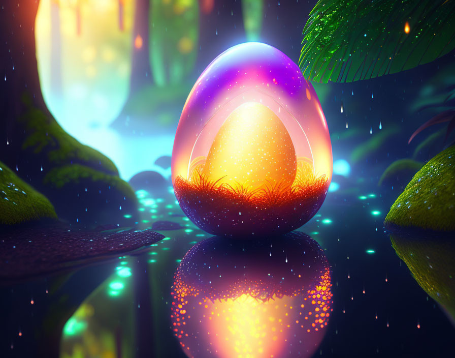 Mystical glowing orb in forest clearing with shimmering reflection