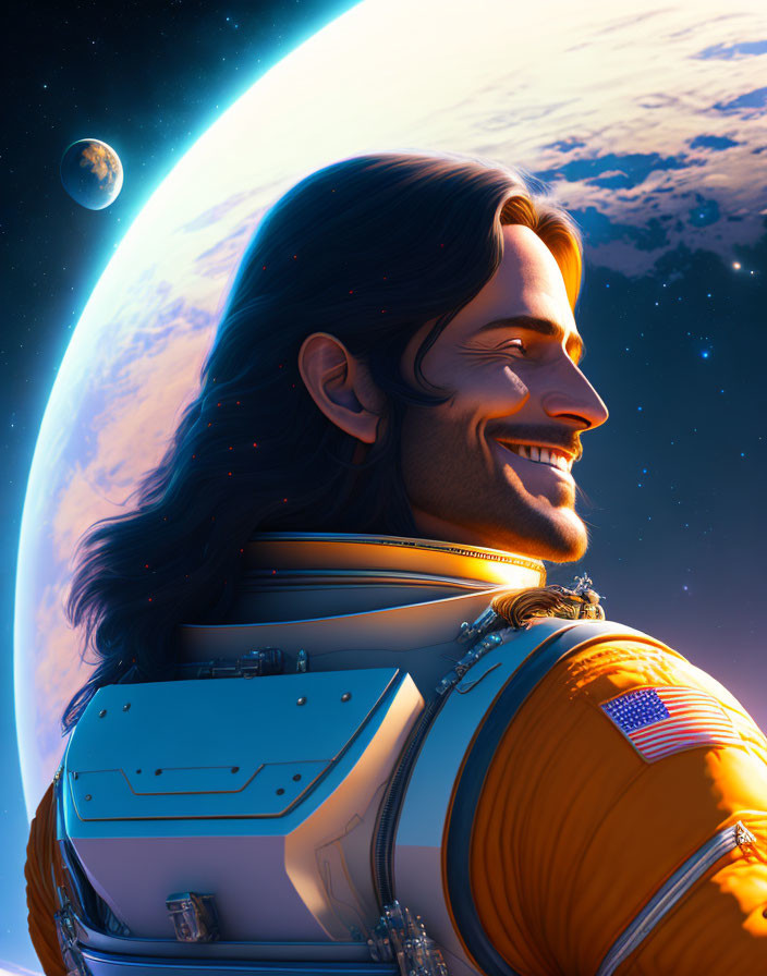 Smiling astronaut in spacesuit with Earth and moon in background