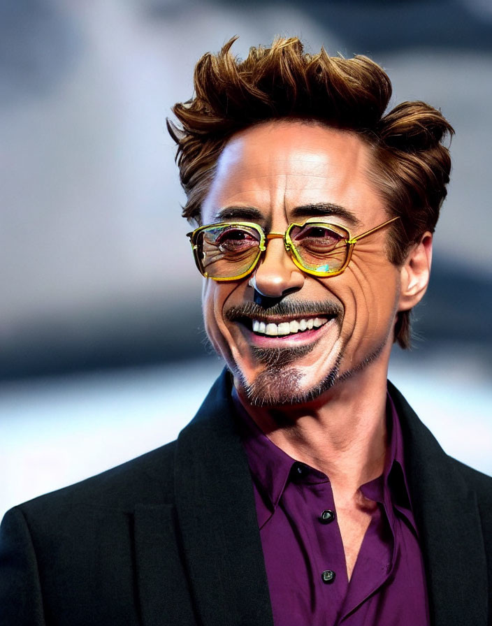 Man with Goatee and Mustache in Yellow-Tinted Glasses and Purple Shirt Smiles confidently
