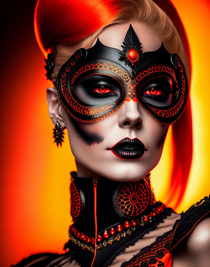 Intricate Black and Red Face Makeup with Ornate Headgear on Fiery Orange Background