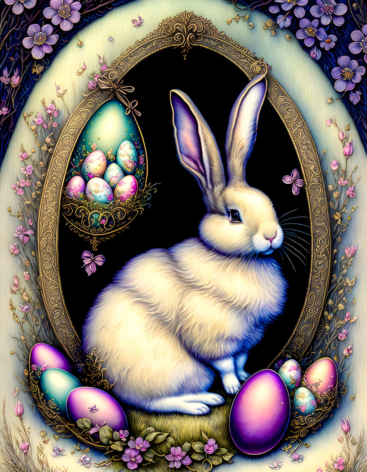 Illustrated rabbit with decorated eggs in ornate floral frame