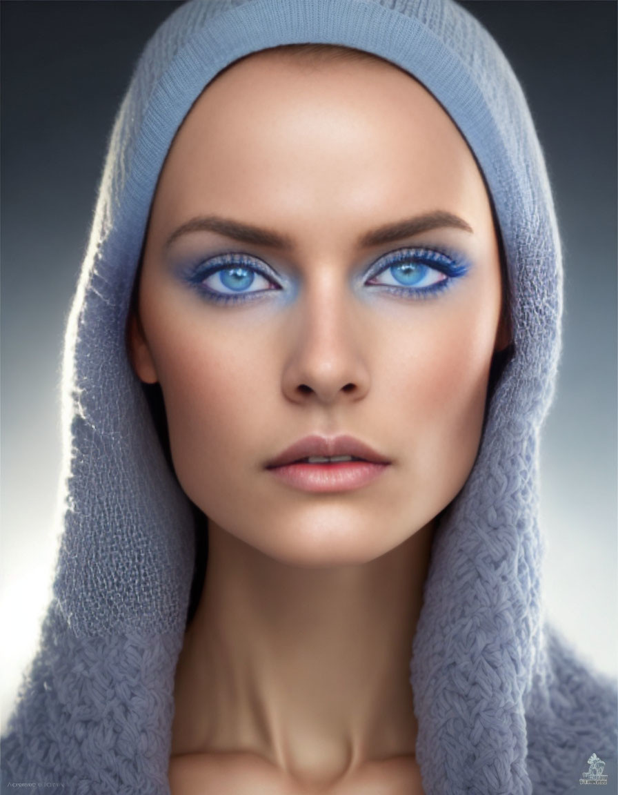 Woman With Pale Blue Eyes With A Towel On Her Head