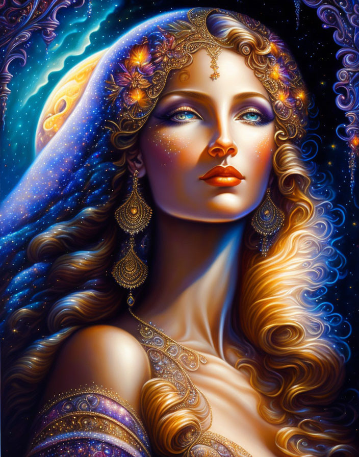 Stylized portrait of woman with golden hair and cosmic theme background