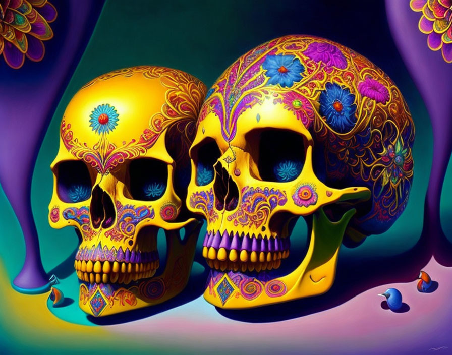 Colorful Floral Skull Art in Surreal Day of the Dead Setting