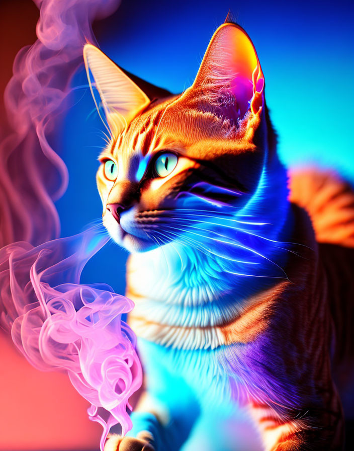 Colorful Tabby Cat with Glowing Contours and Smoke Wisps