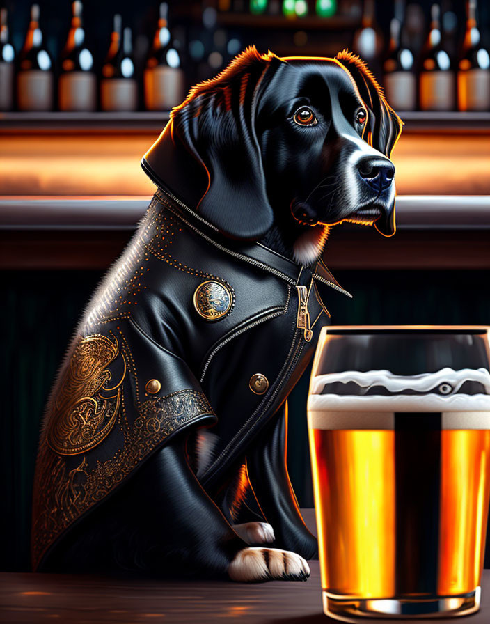 Stylized digital art: Black dog in leather jacket at bar